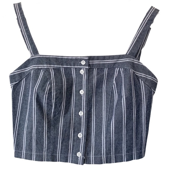 Brandy Melville Denim Like Blue & White Striped Crop Top Smocked Back One Size - Picture 1 of 6